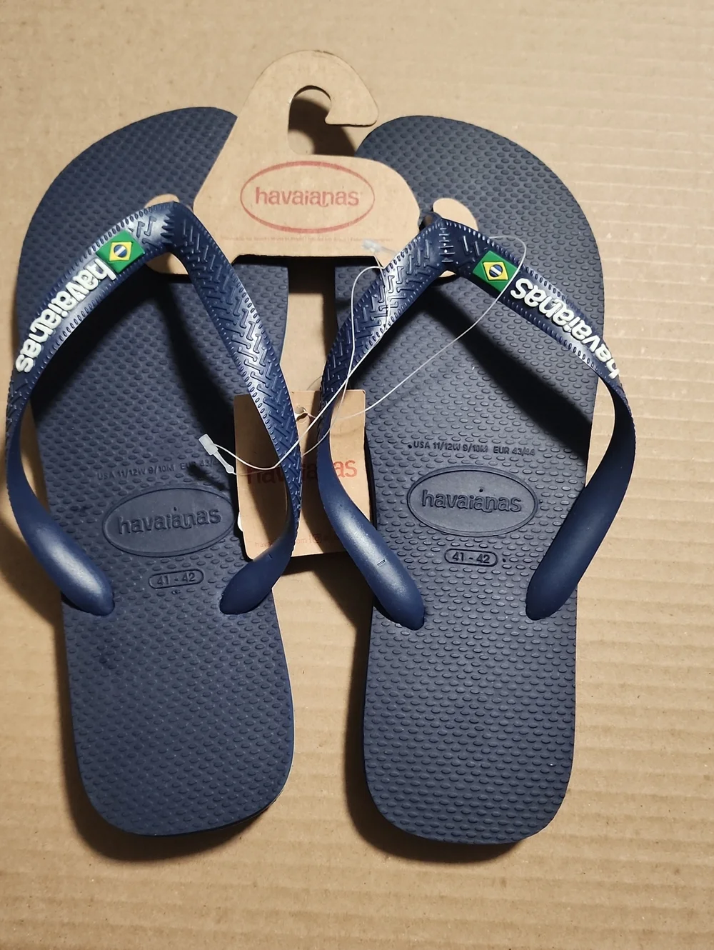 Havaianas Navy Flip Flops with Brazilian Flag Accent, 11/12W 9/10M